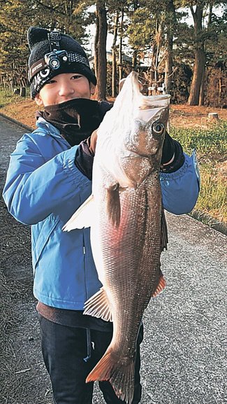 釣果はいけん<br />スズキ体長６５センチ　前田周蔵さん（１４）射水市かもめ台