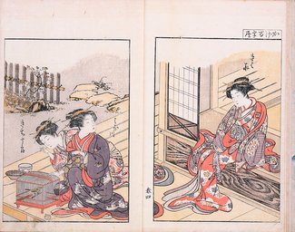 花のお江戸の動物たち（６）<br />藤川春章・北尾重政「青楼美人合姿鏡」春夏　１７７６（安永５）年（東京都江戸東京博物館蔵、前後期で場面替え）