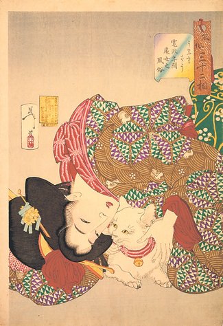 花のお江戸の動物たち（１０）<br />「風俗三十二相　うるささう　寛政年間処女之風俗」１８８８（明治２１）年（東京都江戸東京博物館蔵、後期展示）