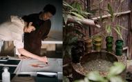 手仕事の展覧会に参加する森星さん(左)。右は展示される漆器作品(提供写真)