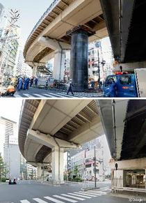 大阪の繁華街で管が十数ｍ隆起