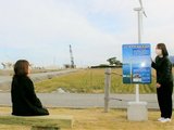 じょうべのま遺跡に設置された「見学・休憩処」。洋上風力発電所の風車(左奥から3基)と入善浄化センターの風車(右奥)を眺められる