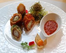 富山県産白ネギの豚バラ巻き　ゴルゴンゾーラチーズ入り　フリット