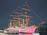 ピンク色にライトアップされた帆船海王丸＝海王丸パーク