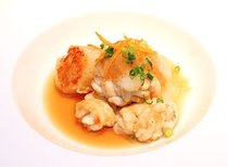 マダラの白子とホタテ貝のムニエルみぞれ風味