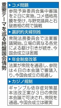 与野党がコメ問題巡り論戦へ　終盤国会展望、別姓法案は駆け引き続く